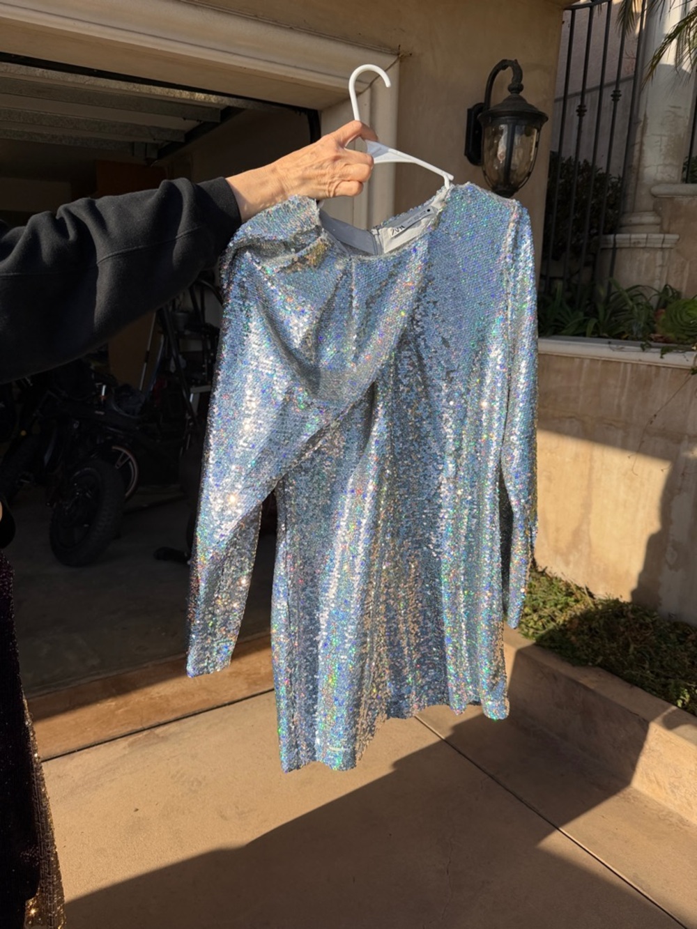 Silver Holographic Sequin Long Sleeve Mini Dress